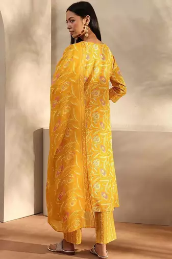 libas yellow floral printed cotton a-line suit set with dupatta