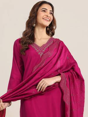 ethnic motifs yoke design sequinned v-neck straight kurta with trousers & dupatta 2