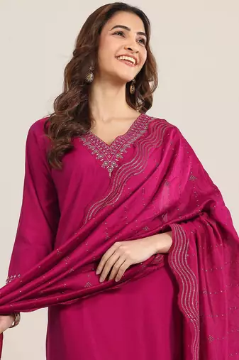 ethnic motifs yoke design sequinned v-neck straight kurta with trousers & dupatta