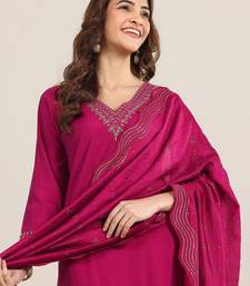 ethnic motifs yoke design sequinned v-neck straight kurta with trousers & dupatta