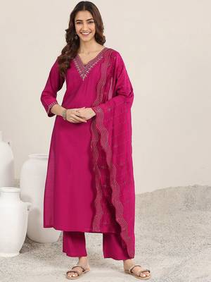 ethnic motifs yoke design sequinned v-neck straight kurta with trousers & dupatta 1
