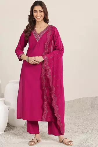 ethnic motifs yoke design sequinned v-neck straight kurta with trousers & dupatta