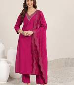 ethnic motifs yoke design sequinned v-neck straight kurta with trousers & dupatta