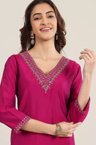 ethnic motifs yoke design sequinned v-neck straight kurta with trousers & dupatta