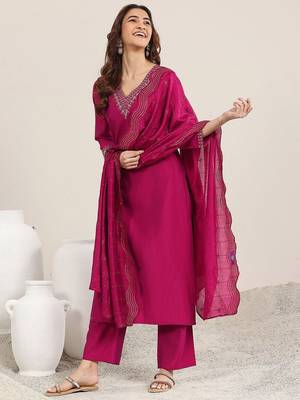ethnic motifs yoke design sequinned v-neck straight kurta with trousers & dupatta 6