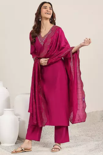 ethnic motifs yoke design sequinned v-neck straight kurta with trousers & dupatta