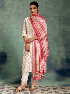 white floral printed thread work straight kurta with palazzos & dupatta 2