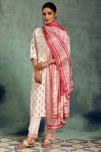 white floral printed thread work straight kurta with palazzos & dupatta
