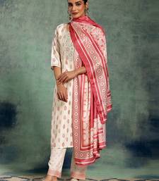 white floral printed thread work straight kurta with palazzos & dupatta