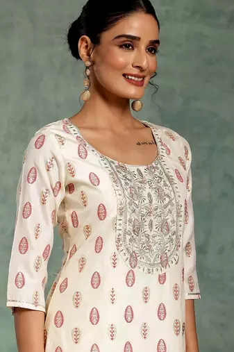 white floral printed thread work straight kurta with palazzos & dupatta