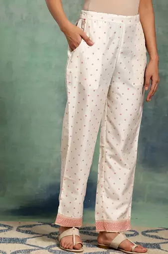 white floral printed thread work straight kurta with palazzos & dupatta