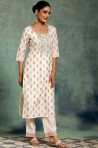 white floral printed thread work straight kurta with palazzos & dupatta
