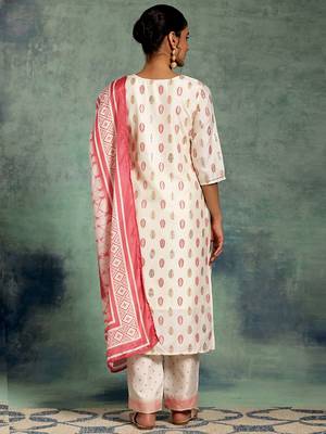 white floral printed thread work straight kurta with palazzos & dupatta 7