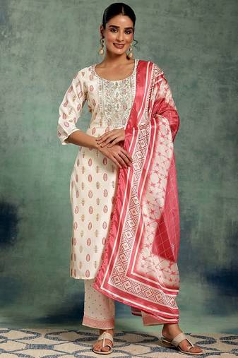 white floral printed thread work straight kurta with palazzos & dupatta