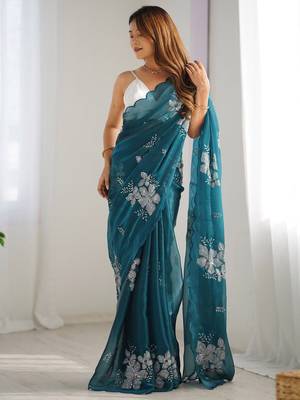 Teal floral beads and stones organza saree 1