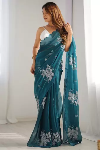 Teal floral beads and stones organza saree