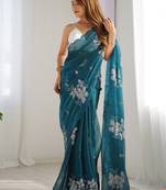 Teal floral beads and stones organza saree