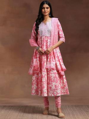 womens pink printed cotton anarkali kurta with churidar & dupatta 1