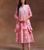 womens pink printed cotton anarkali kurta with churidar & dupatta