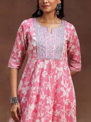 womens pink printed cotton anarkali kurta with churidar & dupatta 2