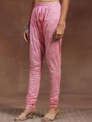 womens pink printed cotton anarkali kurta with churidar & dupatta 3
