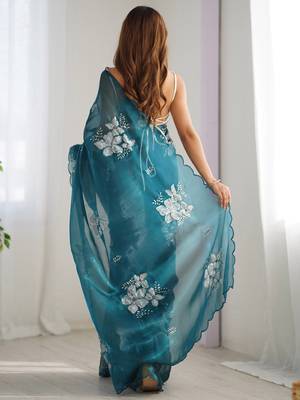 Teal floral beads and stones organza saree 3