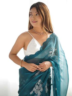 Teal floral beads and stones organza saree 4