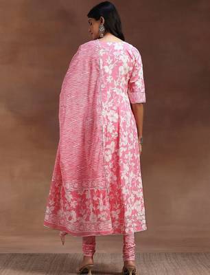 womens pink printed cotton anarkali kurta with churidar & dupatta 6