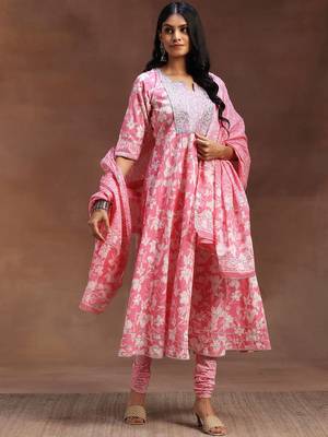 womens pink printed cotton anarkali kurta with churidar & dupatta 7