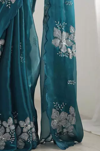 Teal floral beads and stones organza saree