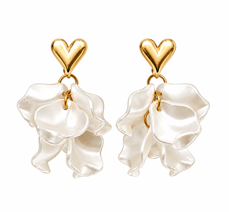Anti-tarnish jewellery, pearl-finish petals, gold-tone heart stud, dangle drop style, women's fashion