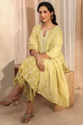 libas lime green floral printed cotton a-line suit set with dupatta
