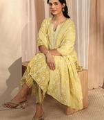 libas lime green floral printed cotton a-line suit set with dupatta
