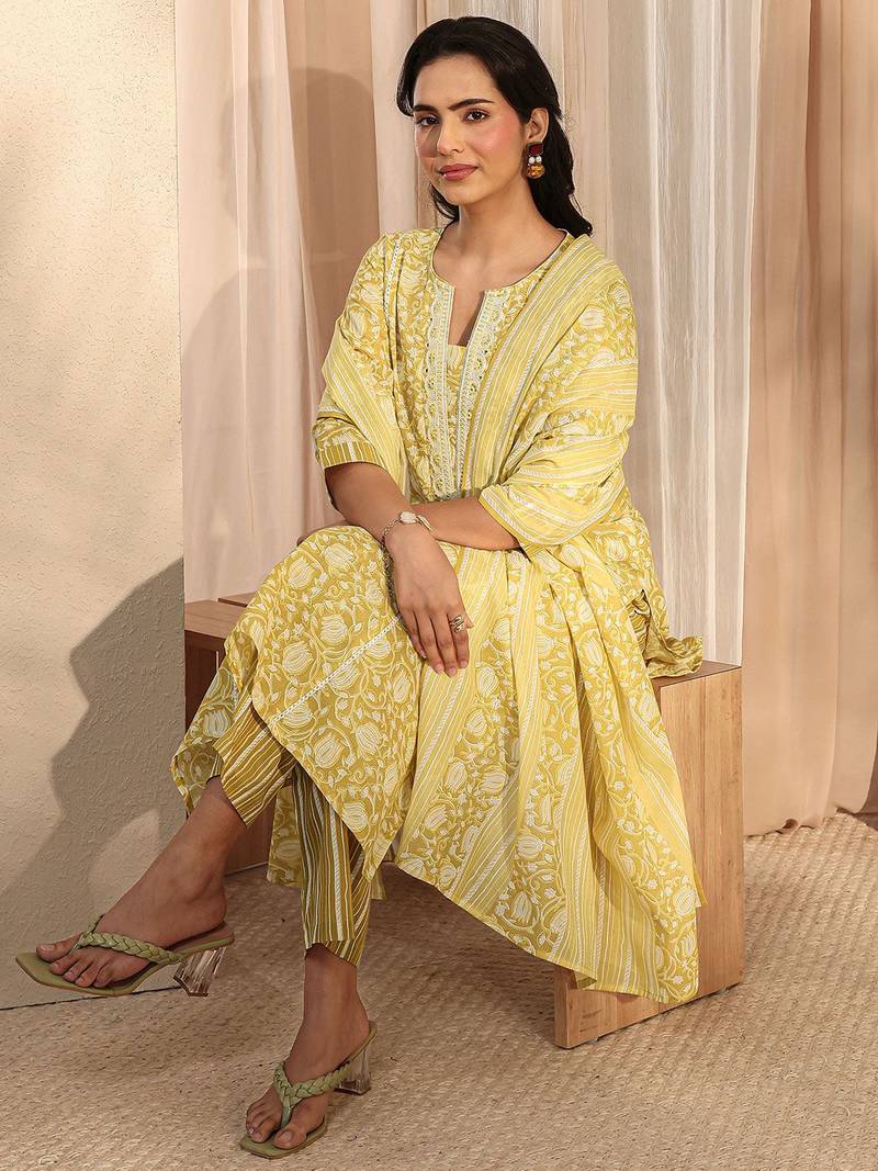 libas lime green floral printed cotton a-line suit set with dupatta