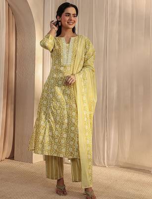 libas lime green floral printed cotton a-line suit set with dupatta 2