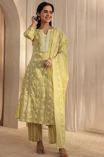 libas lime green floral printed cotton a-line suit set with dupatta