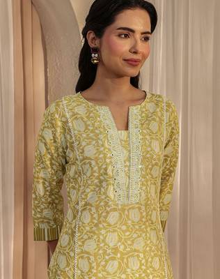 libas lime green floral printed cotton a-line suit set with dupatta 3
