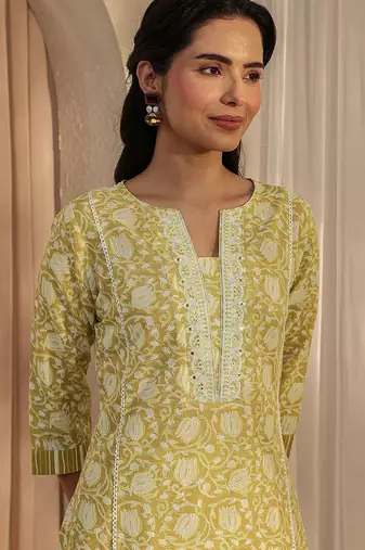 libas lime green floral printed cotton a-line suit set with dupatta
