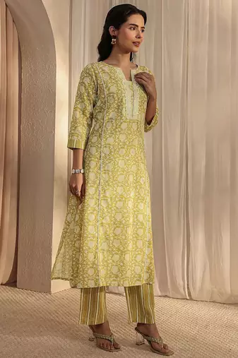libas lime green floral printed cotton a-line suit set with dupatta