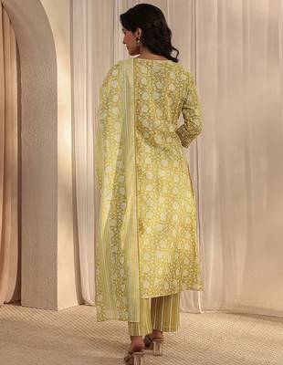 libas lime green floral printed cotton a-line suit set with dupatta 5