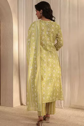 libas lime green floral printed cotton a-line suit set with dupatta