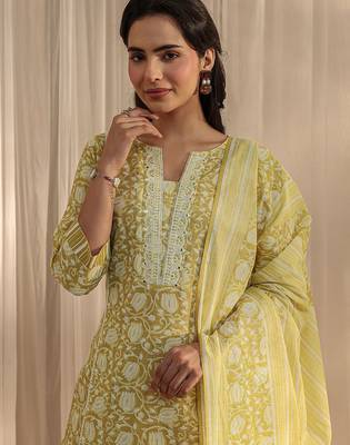 libas lime green floral printed cotton a-line suit set with dupatta 6