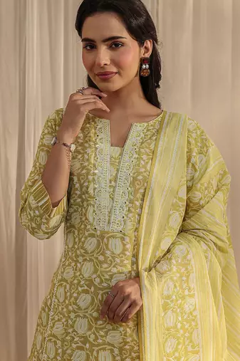libas lime green floral printed cotton a-line suit set with dupatta