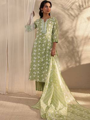 libas green floral printed cotton a-line suit set with dupatta 1