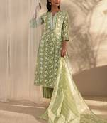 libas green floral printed cotton a-line suit set with dupatta