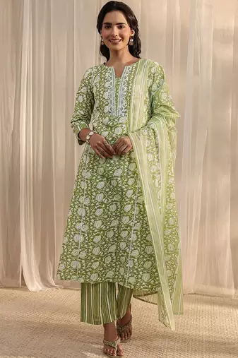 libas green floral printed cotton a-line suit set with dupatta