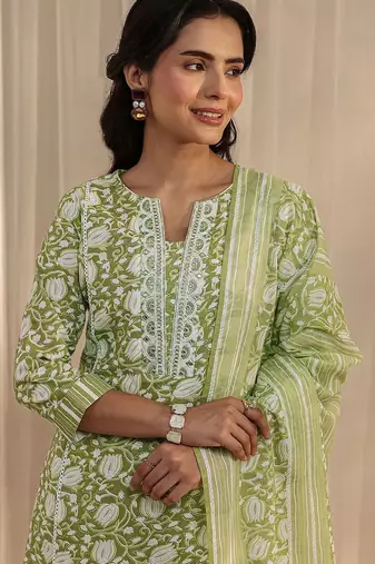 libas green floral printed cotton a-line suit set with dupatta