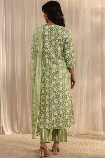 libas green floral printed cotton a-line suit set with dupatta