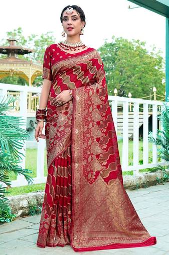 Red woven design floral printed zari organza saree
