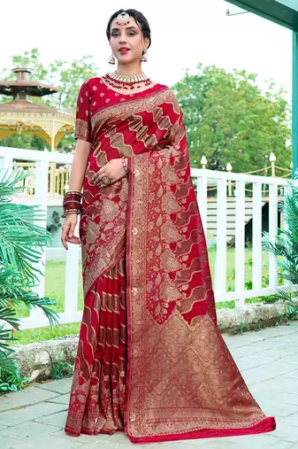 Red woven design floral printed zari organza saree